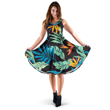 Tropical Palm Leaves Hawaiian Flower Sleeveless Dress