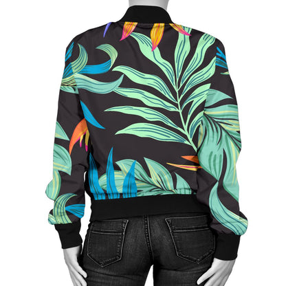 Tropical Palm Leaves Hawaiian Flower Women Casual Bomber Jacket