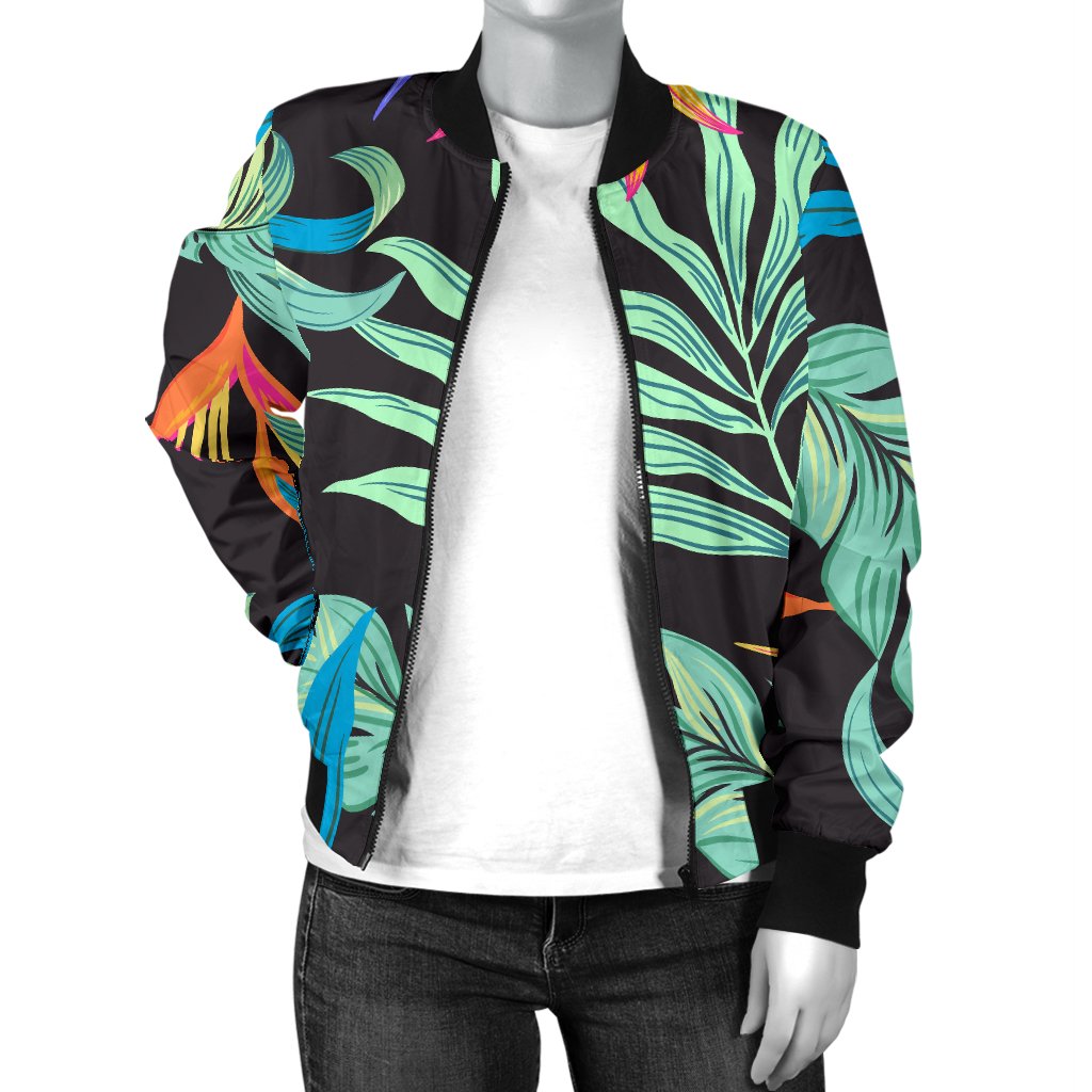 Tropical Palm Leaves Hawaiian Flower Women Casual Bomber Jacket