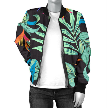 Tropical Palm Leaves Hawaiian Flower Women Casual Bomber Jacket