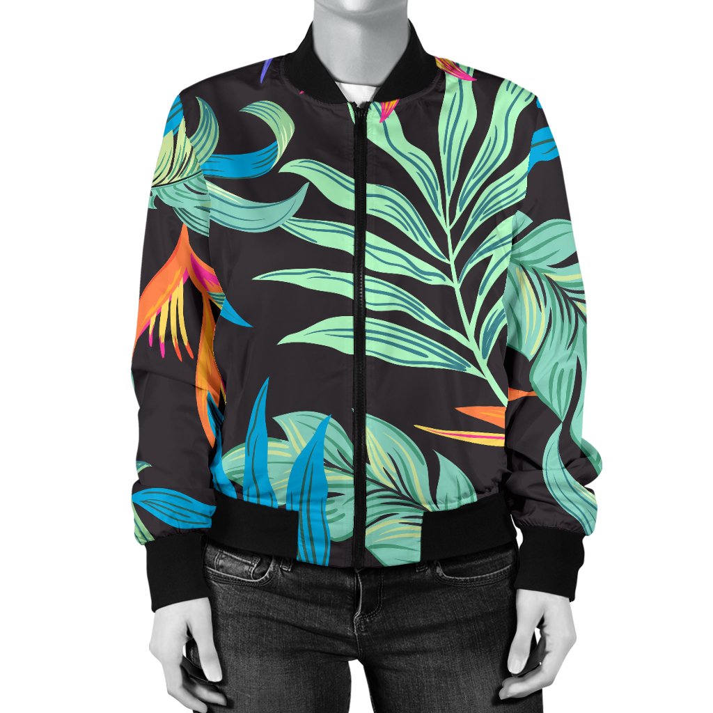 Tropical Palm Leaves Hawaiian Flower Women Casual Bomber Jacket