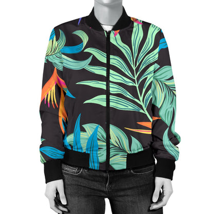 Tropical Palm Leaves Hawaiian Flower Women Casual Bomber Jacket