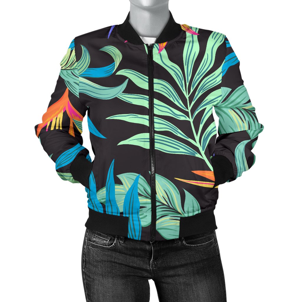 Tropical Palm Leaves Hawaiian Flower Women Casual Bomber Jacket