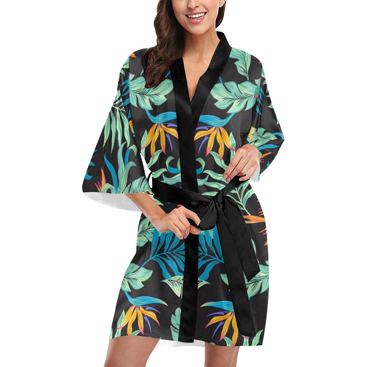 Tropical Palm Leaves Hawaiian Flower Women Short Kimono Robe