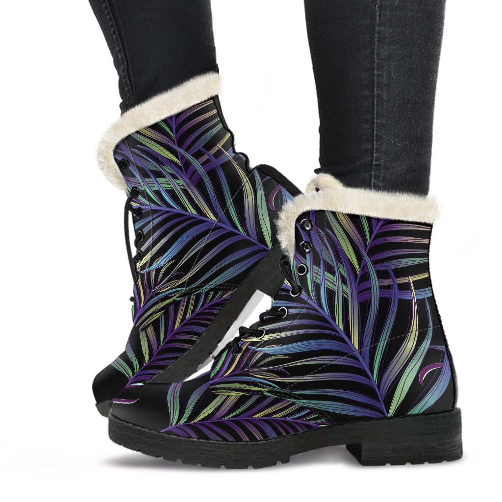 Tropical Palm Leaves Pattern Brightness Faux Fur Leather Boots-JTAMIGO.COM