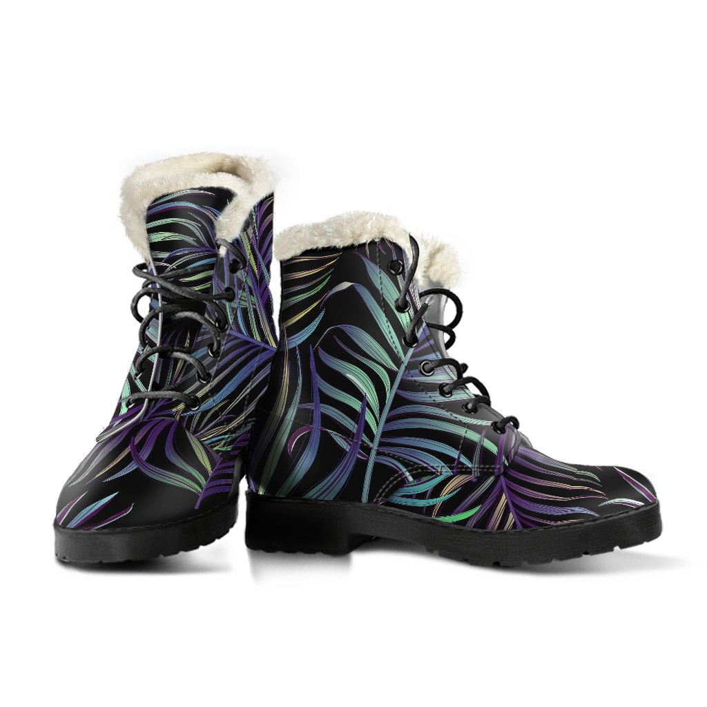 Tropical Palm Leaves Pattern Brightness Faux Fur Leather Boots-JTAMIGO.COM