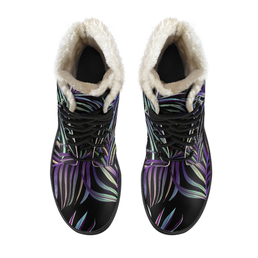 Tropical Palm Leaves Pattern Brightness Faux Fur Leather Boots-JTAMIGO.COM