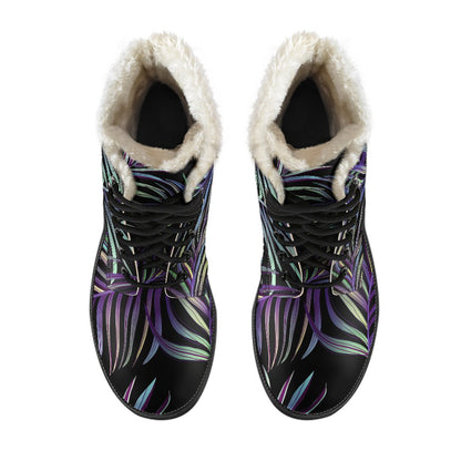 Tropical Palm Leaves Pattern Brightness Faux Fur Leather Boots-JTAMIGO.COM
