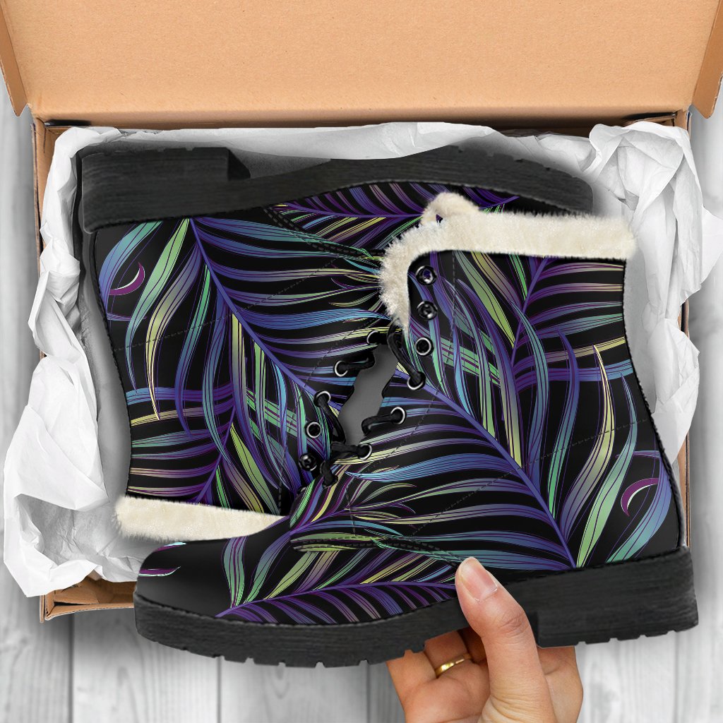 Tropical Palm Leaves Pattern Brightness Faux Fur Leather Boots-JTAMIGO.COM