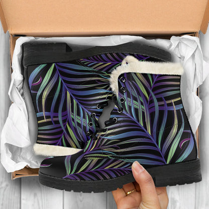 Tropical Palm Leaves Pattern Brightness Faux Fur Leather Boots-JTAMIGO.COM