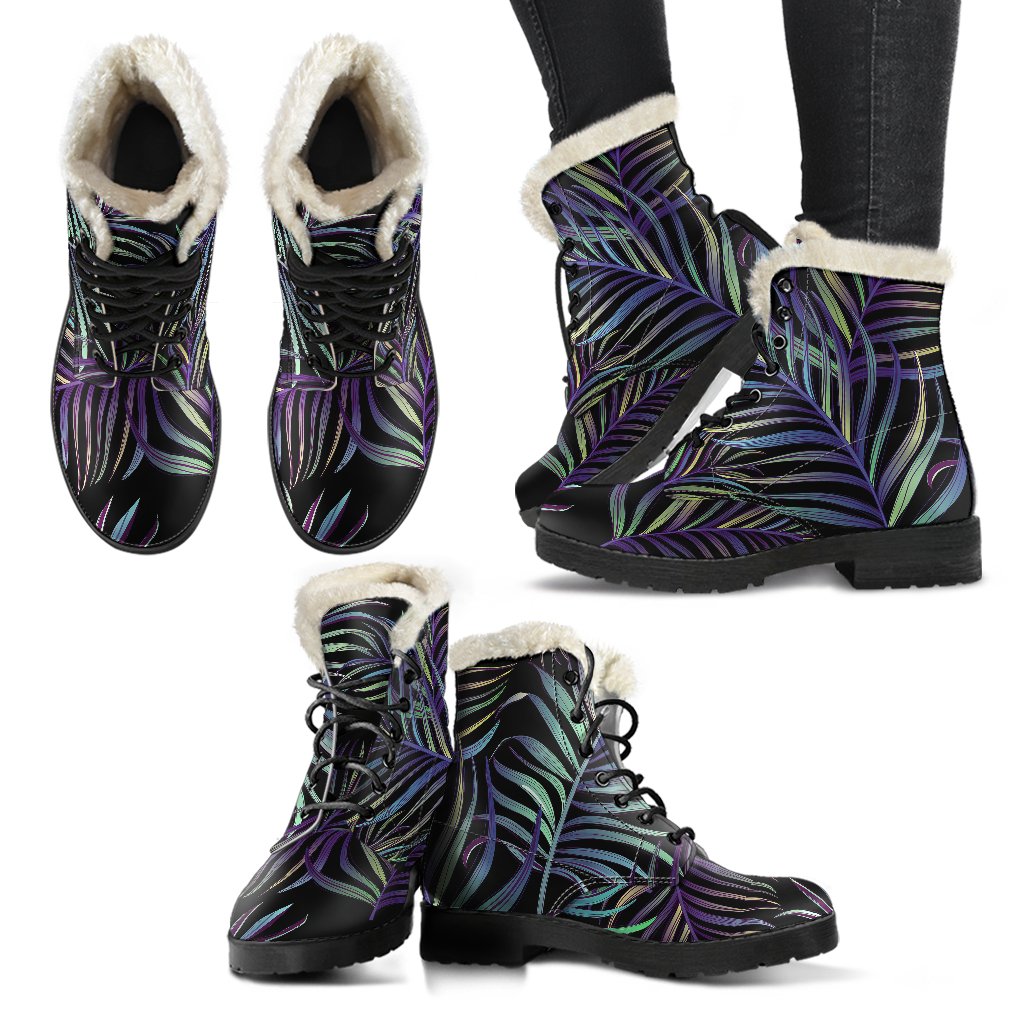 Tropical Palm Leaves Pattern Brightness Faux Fur Leather Boots-JTAMIGO.COM