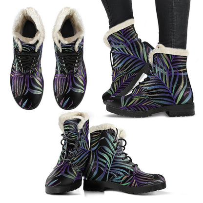 Tropical Palm Leaves Pattern Brightness Faux Fur Leather Boots-JTAMIGO.COM