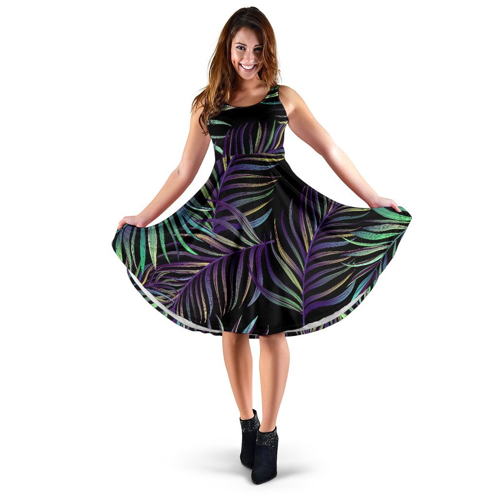 Tropical Palm Leaves Pattern Brightness Sleeveless Dress