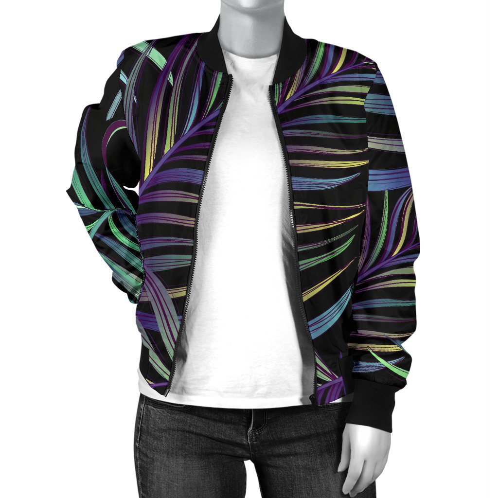 Tropical Palm Leaves Pattern Brightness Women Casual Bomber Jacket