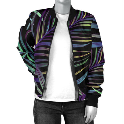 Tropical Palm Leaves Pattern Brightness Women Casual Bomber Jacket