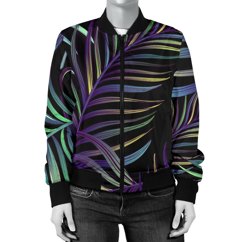 Tropical Palm Leaves Pattern Brightness Women Casual Bomber Jacket