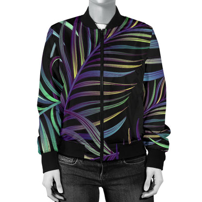 Tropical Palm Leaves Pattern Brightness Women Casual Bomber Jacket