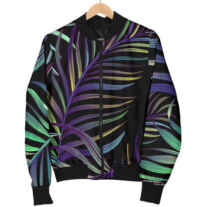 Tropical Palm Leaves Pattern Brightness Women Casual Bomber Jacket