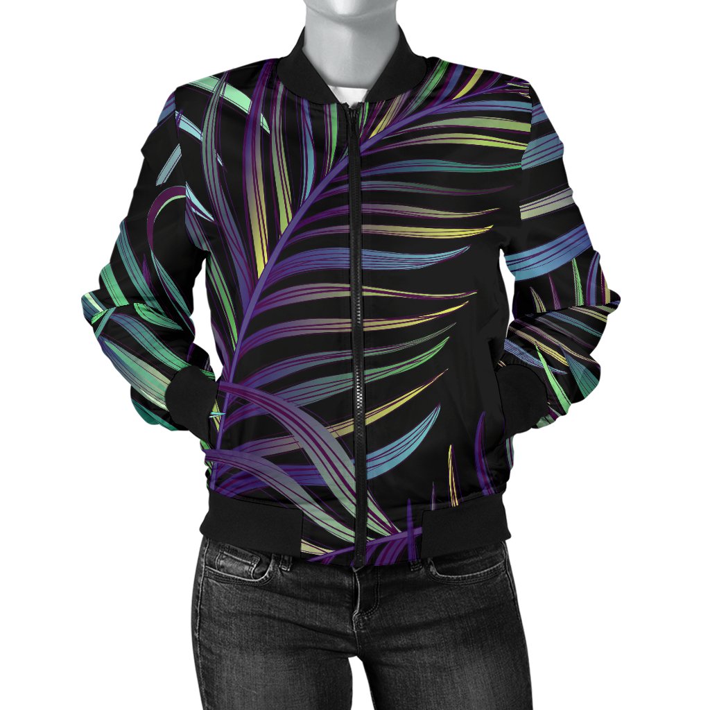 Tropical Palm Leaves Pattern Brightness Women Casual Bomber Jacket