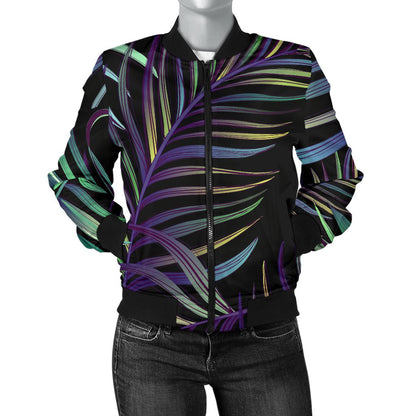 Tropical Palm Leaves Pattern Brightness Women Casual Bomber Jacket
