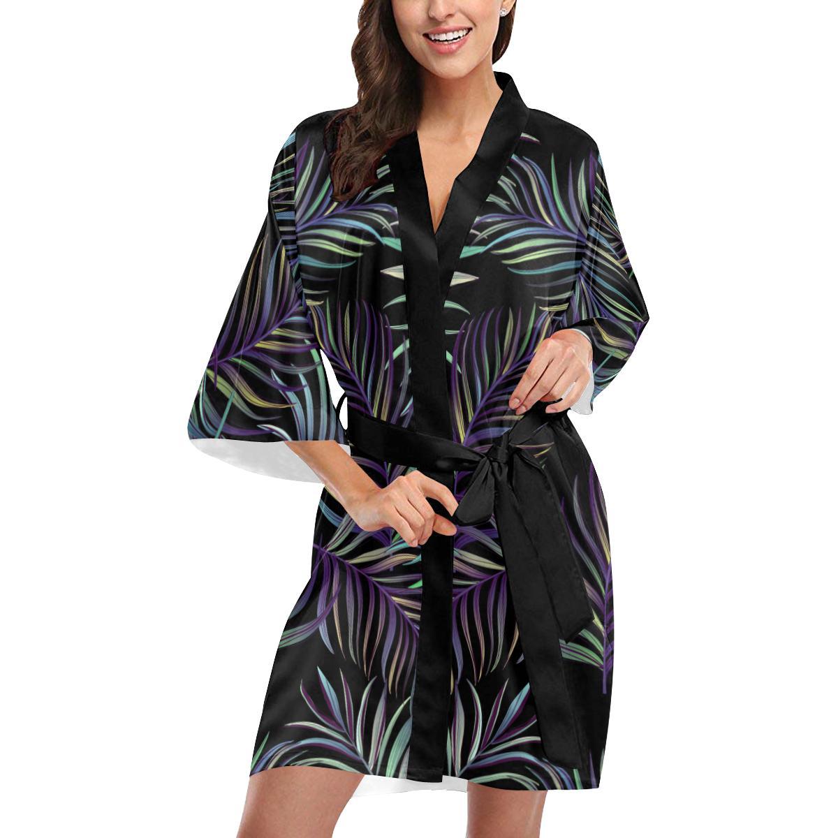 Tropical Palm Leaves Pattern Brightness Women Short Kimono Robe