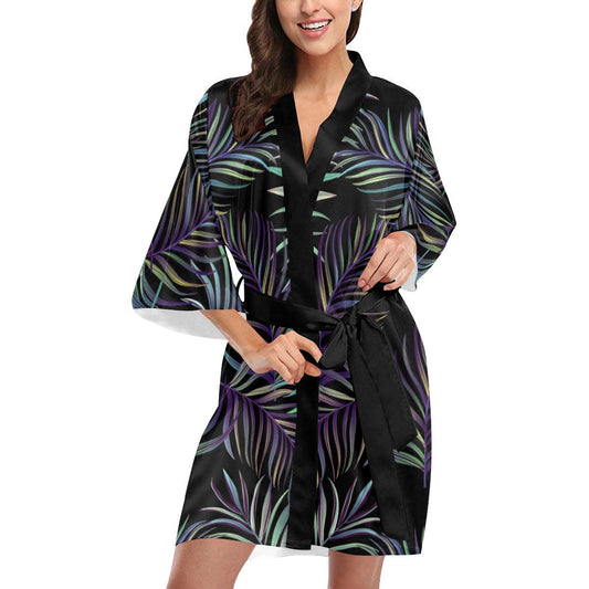 Tropical Palm Leaves Pattern Brightness Women Short Kimono Robe