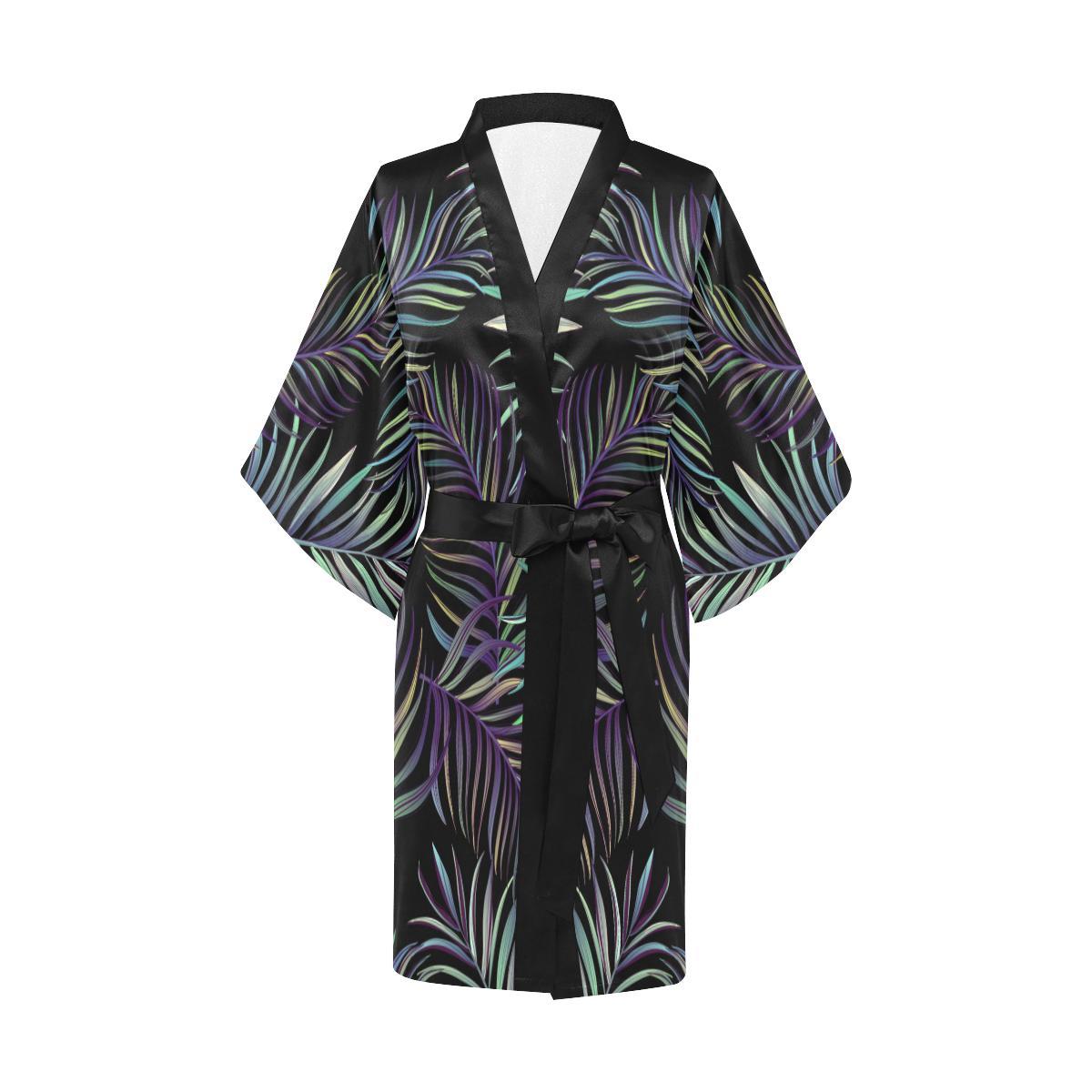 Tropical Palm Leaves Pattern Brightness Women Short Kimono Robe