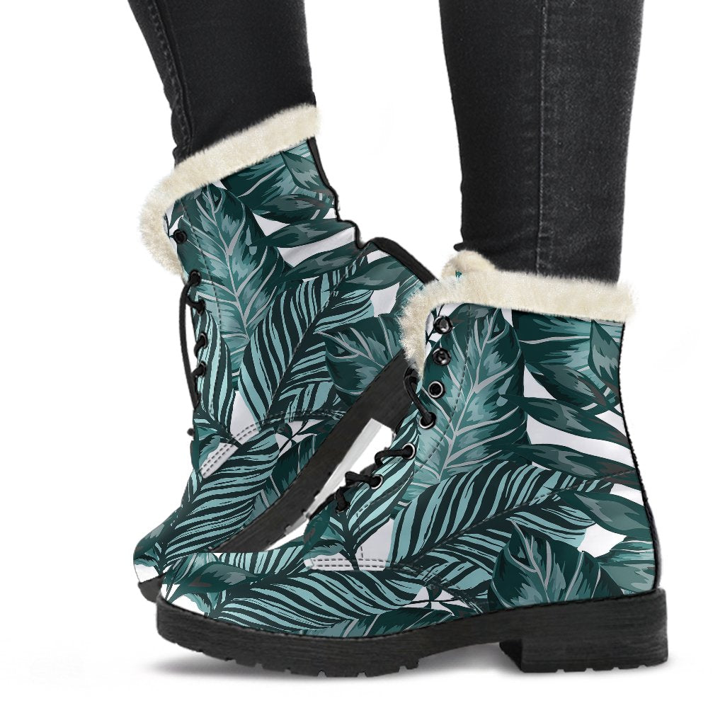 Tropical Palm Leaves Pattern Faux Fur Leather Boots-JTAMIGO.COM