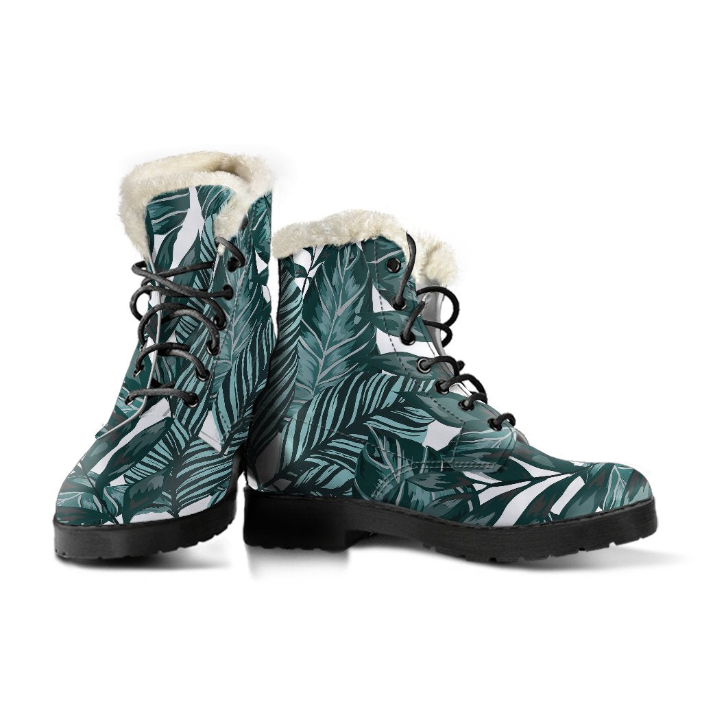 Tropical Palm Leaves Pattern Faux Fur Leather Boots-JTAMIGO.COM