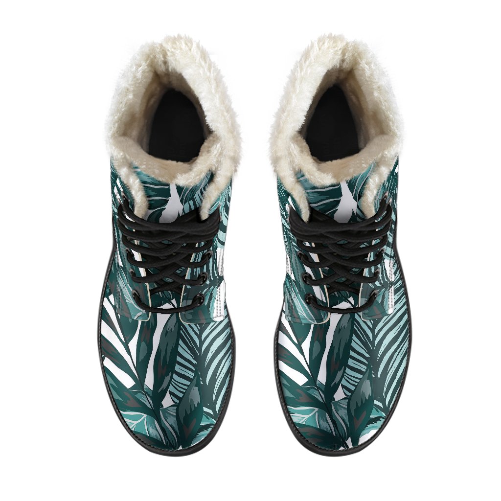 Tropical Palm Leaves Pattern Faux Fur Leather Boots-JTAMIGO.COM