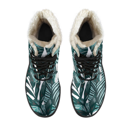 Tropical Palm Leaves Pattern Faux Fur Leather Boots-JTAMIGO.COM