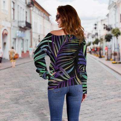 Tropical Palm Leaves Pattern Off Shoulder Sweatshirt