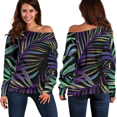 Tropical Palm Leaves Pattern Off Shoulder Sweatshirt