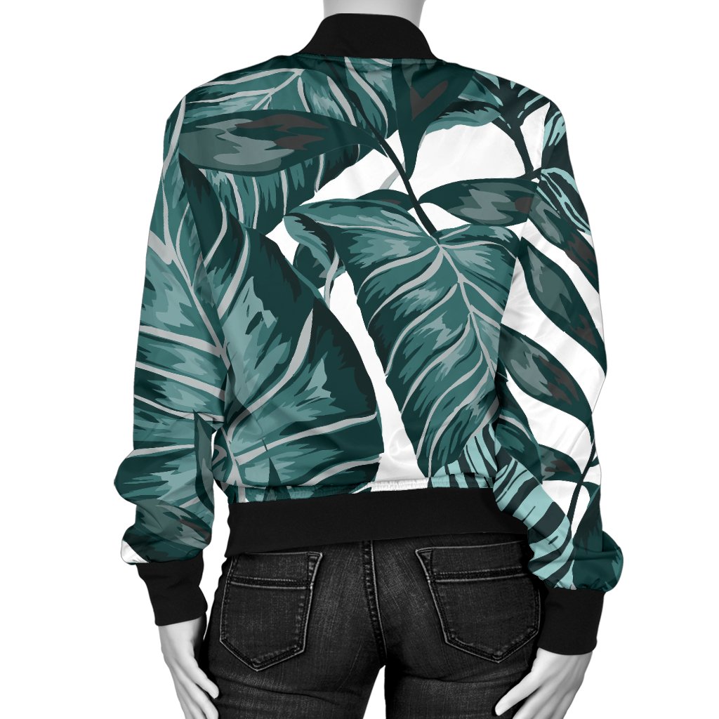 Tropical Palm Leaves Pattern Women Casual Bomber Jacket