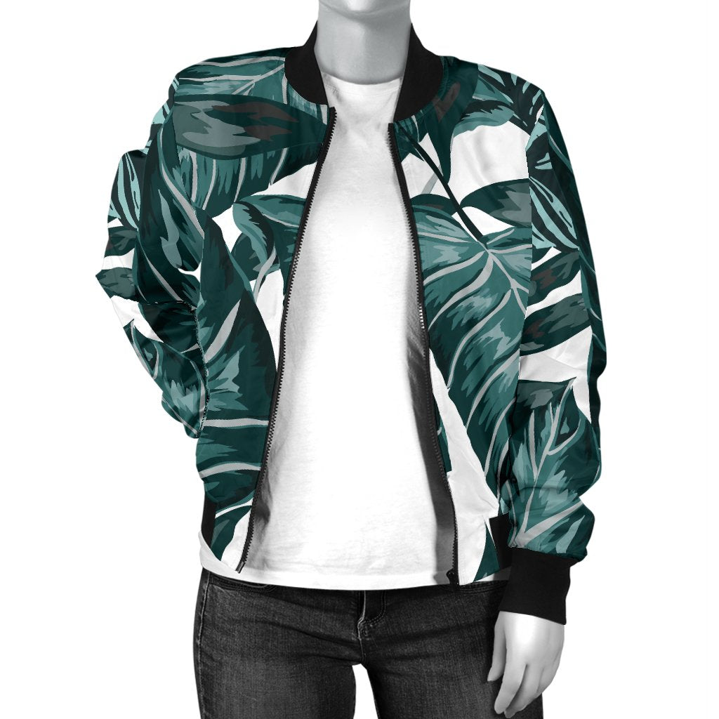 Tropical Palm Leaves Pattern Women Casual Bomber Jacket