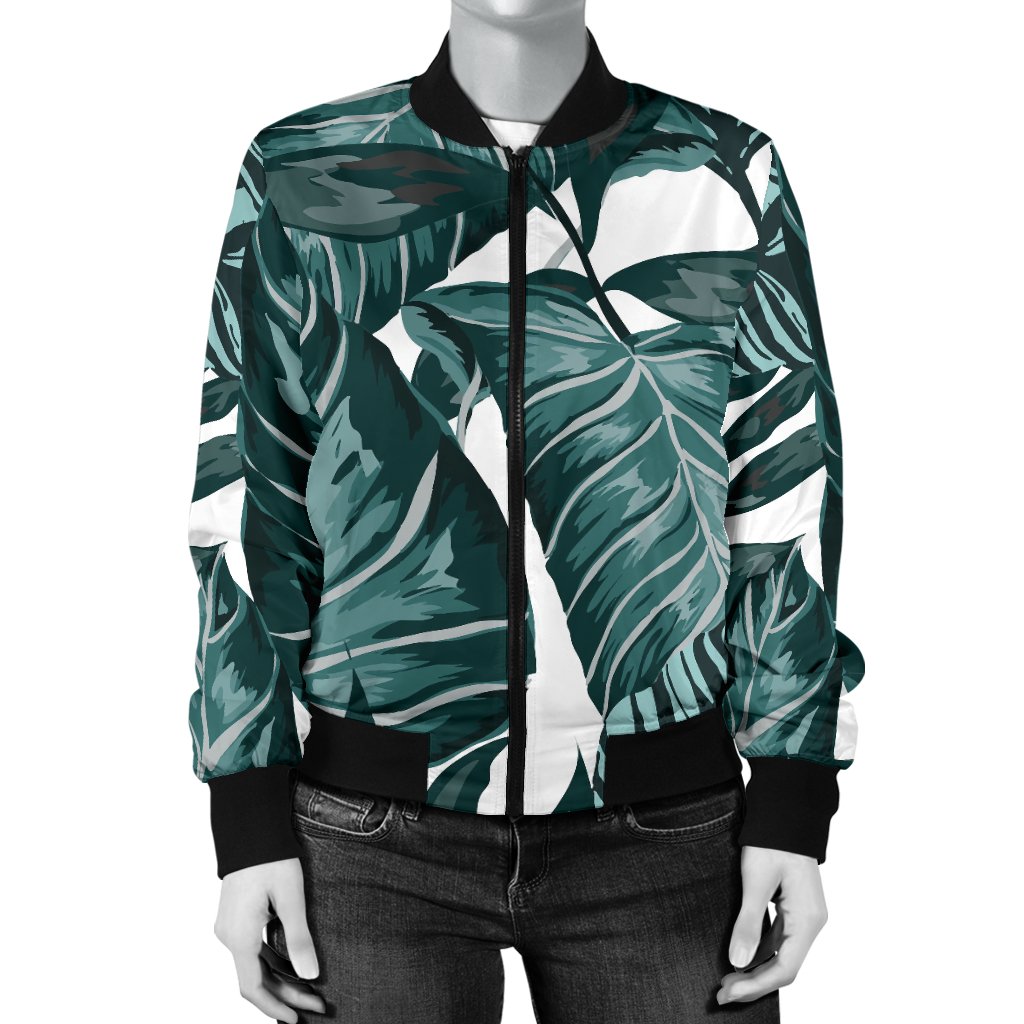 Tropical Palm Leaves Pattern Women Casual Bomber Jacket