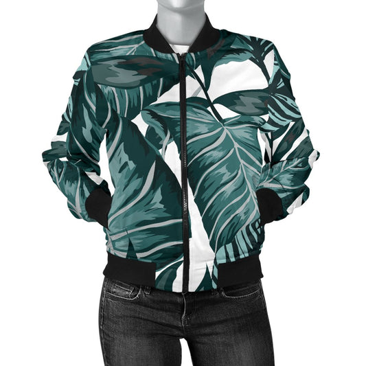 Tropical Palm Leaves Pattern Women Casual Bomber Jacket