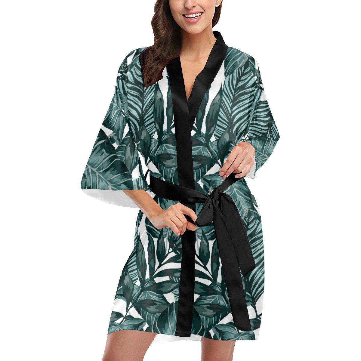 Tropical Palm Leaves Pattern Women Short Kimono Robe