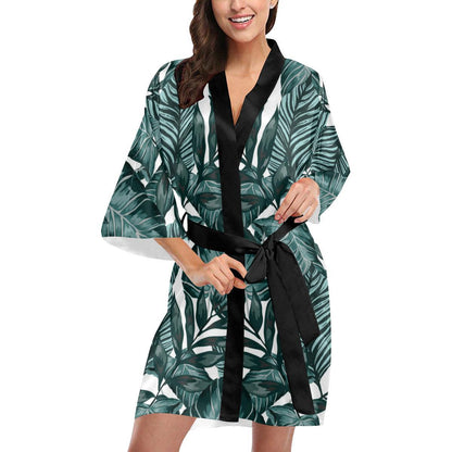 Tropical Palm Leaves Pattern Women Short Kimono Robe