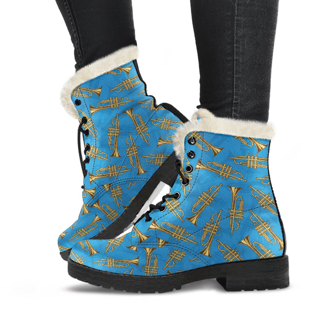 Trumpet Golden Pattern Themed Print Faux Fur Leather Boots-JTAMIGO.COM