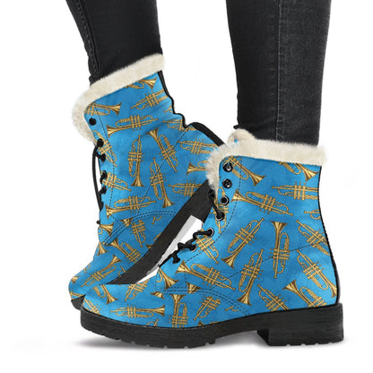 Trumpet Golden Pattern Themed Print Faux Fur Leather Boots-JTAMIGO.COM