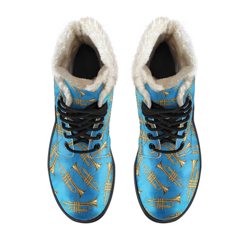 Trumpet Golden Pattern Themed Print Faux Fur Leather Boots-JTAMIGO.COM