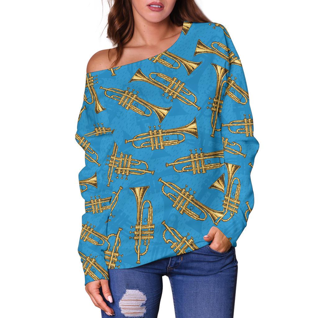 Trumpet Golden Pattern Themed Print Off Shoulder Sweatshirt