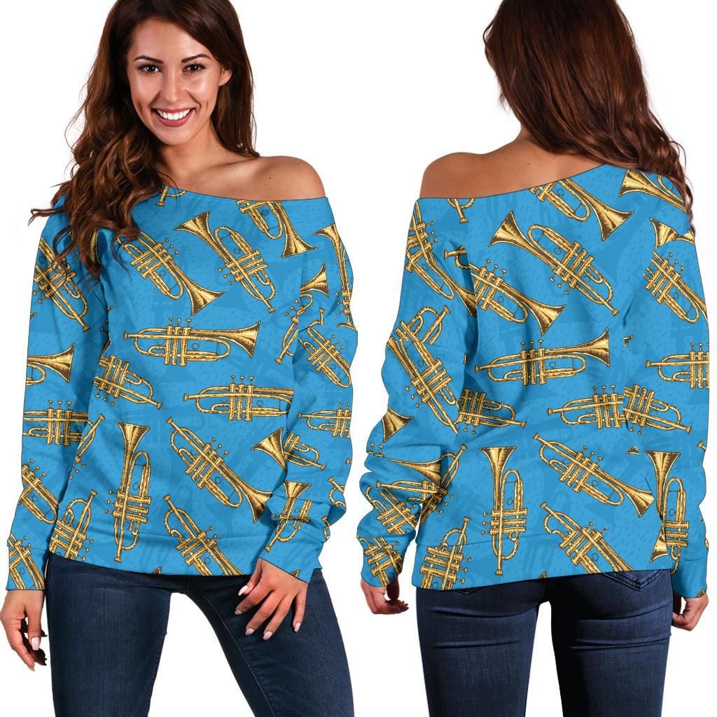 Trumpet Golden Pattern Themed Print Off Shoulder Sweatshirt