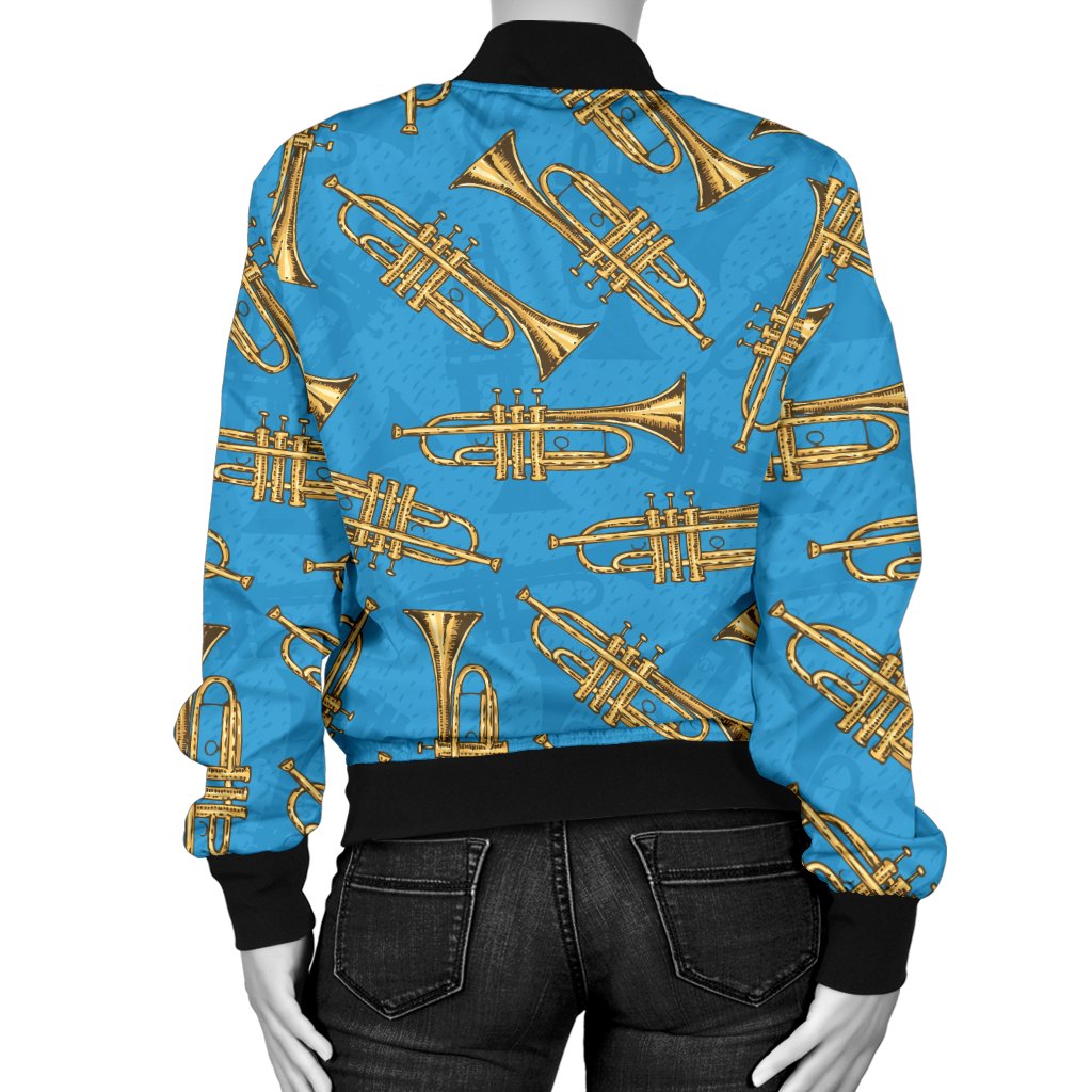 Trumpet Golden Pattern Themed Print Women Casual Bomber Jacket