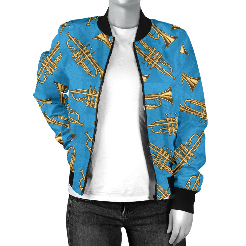 Trumpet Golden Pattern Themed Print Women Casual Bomber Jacket