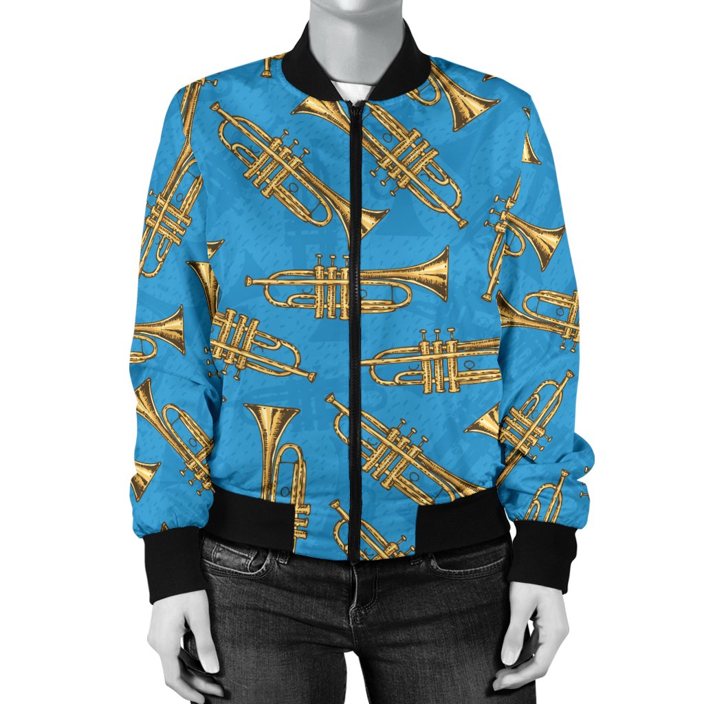 Trumpet Golden Pattern Themed Print Women Casual Bomber Jacket