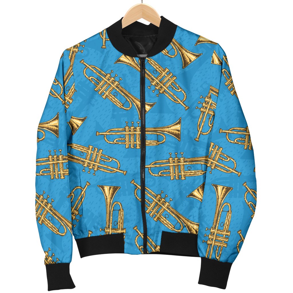Trumpet Golden Pattern Themed Print Women Casual Bomber Jacket