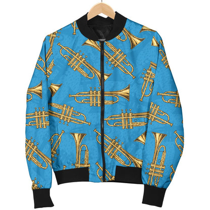 Trumpet Golden Pattern Themed Print Women Casual Bomber Jacket