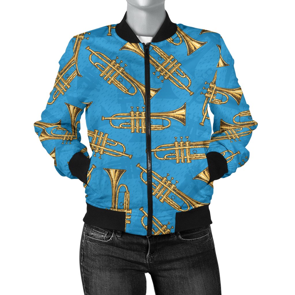 Trumpet Golden Pattern Themed Print Women Casual Bomber Jacket
